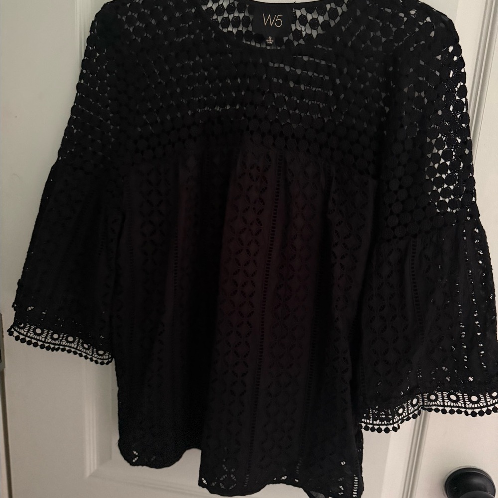 W5 Black Crochet Bell Sleeve Blouse